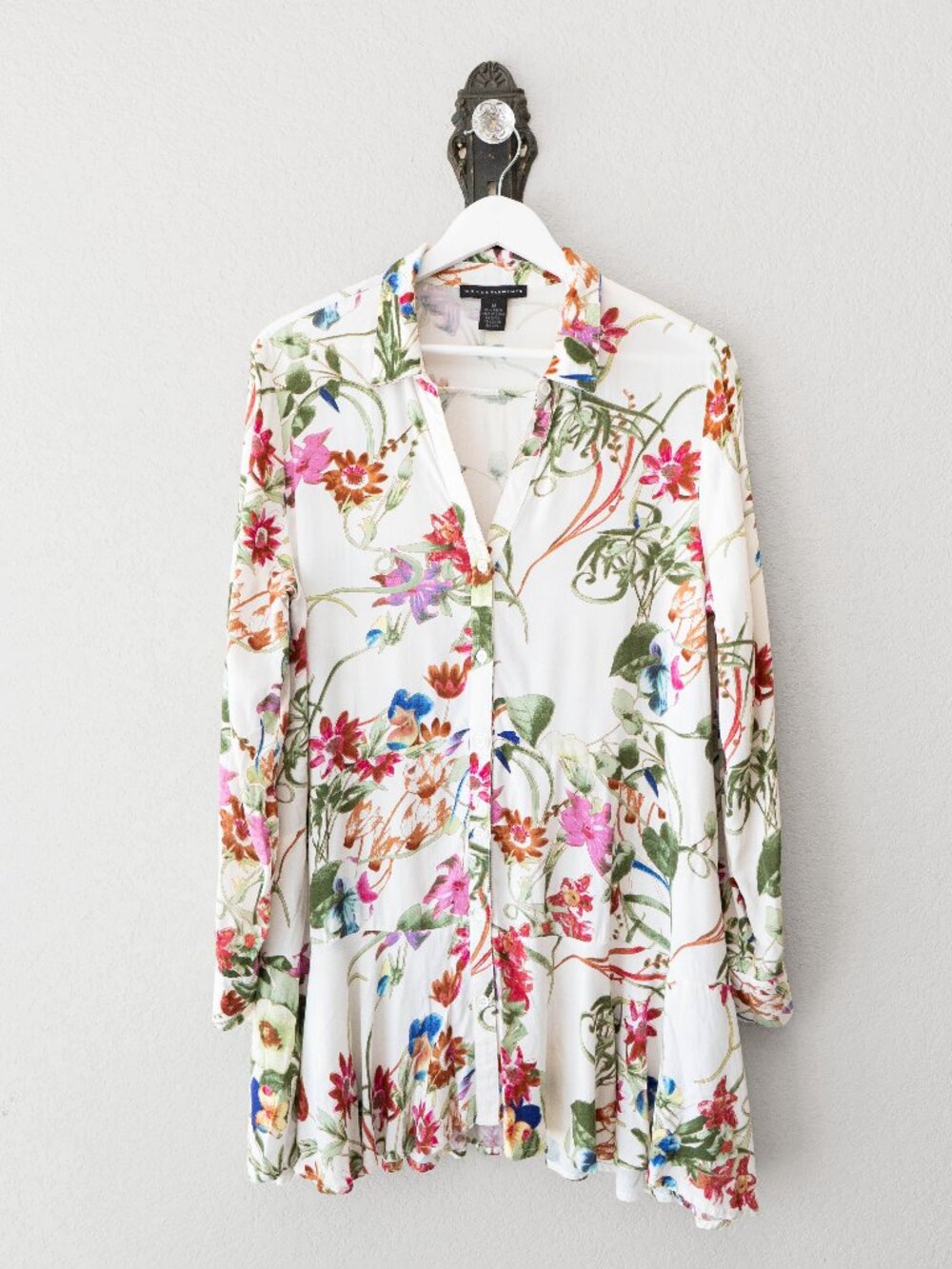 Grace Elements Floral Tunic Womens Medium Tiered Ruffle Hem Boho Rayon Blouse - Picture 2 of 14